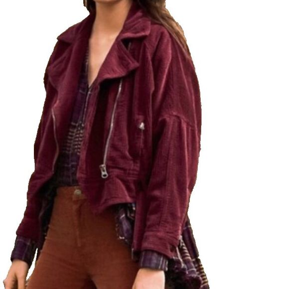 Free People Slouchy Dolman Moto Jacket Corduroy Burgundy Full Zip Lined Belted M - Picture 4 of 16